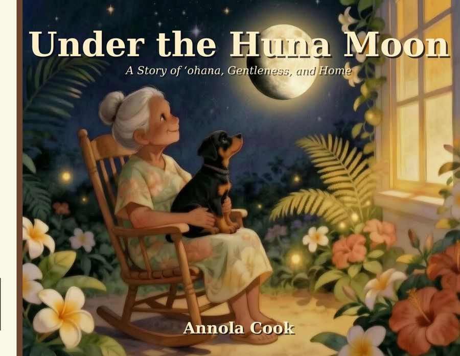 Under the Huna Moon — a Hawaiian tutu holding a Rottweiler puppy under the moon, by Annola Cook